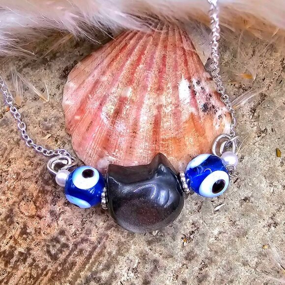 Nature Silver Obsidian Cat & Evil Eye Pendant Necklace - Picture 8 of 10